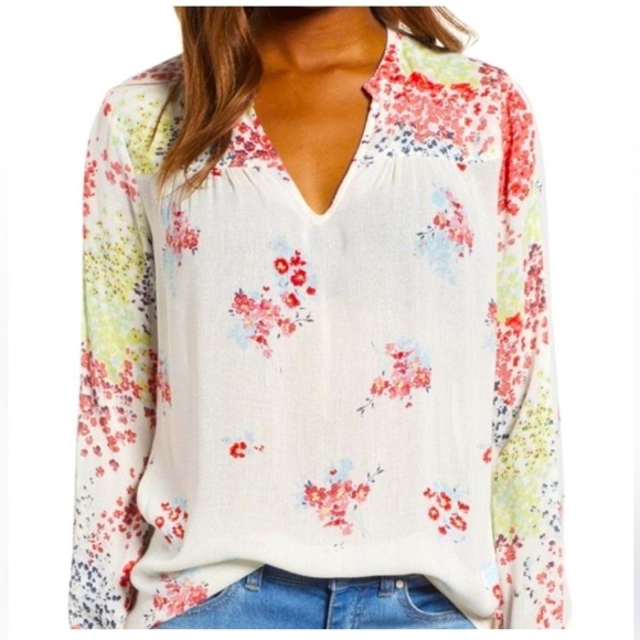 Lucky Brand Floral Print Peasant Blouse, Gathered Sleeves Sz Lg w MEASUREMENTS! - Picture 2 of 13